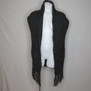 Cabi Charcoal Black Fringe Trim Shawl Collar Cable Knit Sleeveless Cardgian S